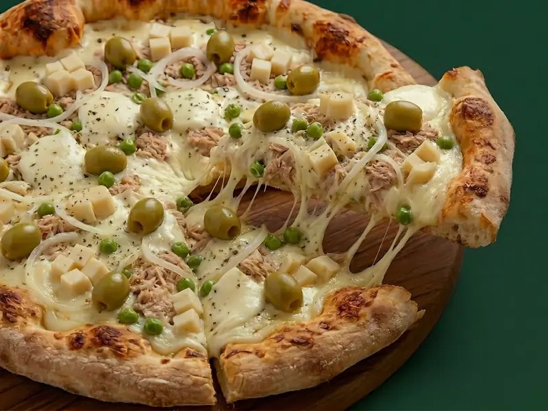 Pizza Americana — Atum, palmito, ervilha, cebola e requeijão cremoso