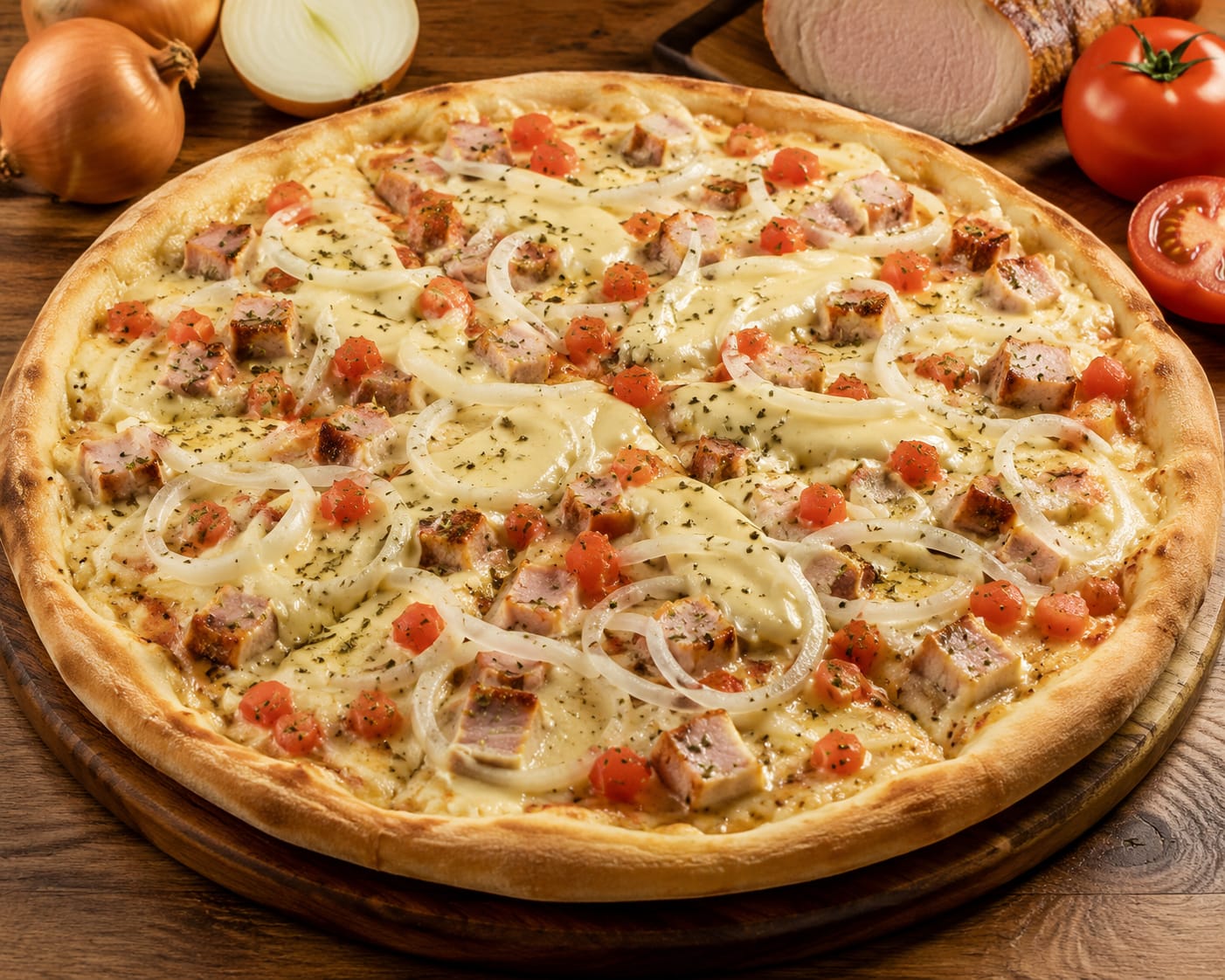Pizza Lombo II — Lombo tipo canadense, requeijão cremoso, cebola e tomate