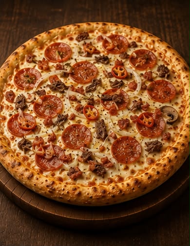Pizza Pepperone — Carne seca, cebola, bacon, pimenta, requeijão cremoso e mussarela