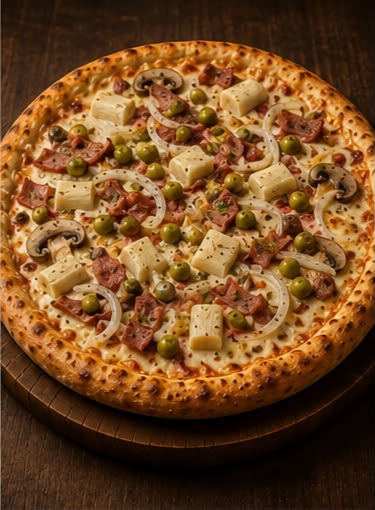 Pizza Romanesca — Lombo, ervilha, palmito, cebola, parmesão e mussarela