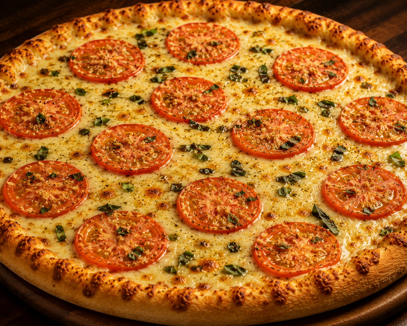Pizza Siciliana — Alho, mussarela, tomate fatiado e manjericão